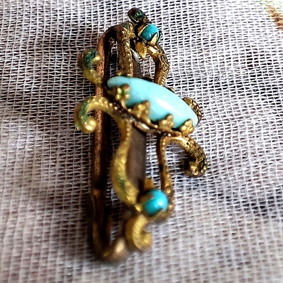 Victorian Turquoise Color Art Deco Vintage Brass Tone Bar Pin C Clasp - Picture 2 of 8